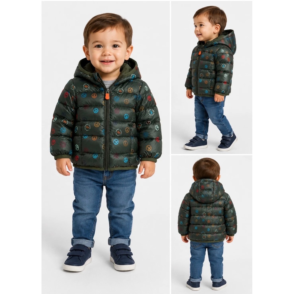 Save the Duck Baby Hooded Puffer Jacket Green Peace Signs 9-12 Months I30003X
